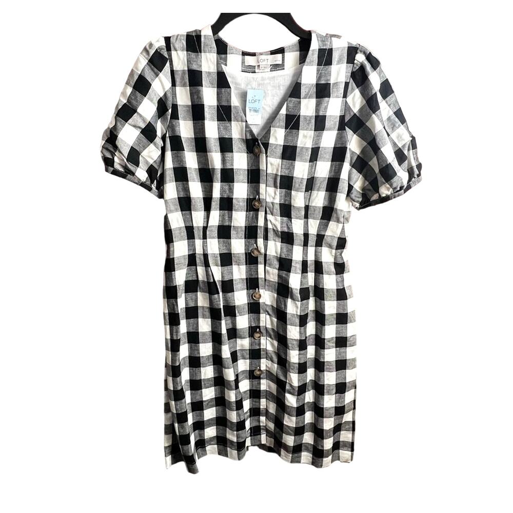 LOFT NWT Gingham Checkered Button V-Neck‎ Puff Sleeve Dress Size 8 Petite